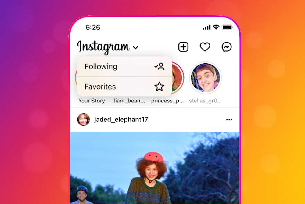 Screenshot of Instagram home page with the dropdown menu options of "following" and "favorites" against a colorful background