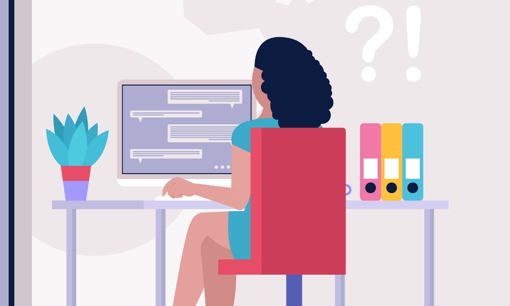 art of woman sitting in a red chair, facing away, looking at a computer screen. The symbols "?!" are above her head.