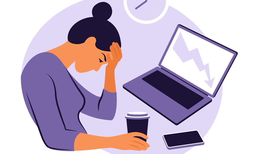 Graphic of woman with light brown skin and a purple top resting her head on her hand in frustration. A laptop, coffee cup, and smartphone are on the desk in front of her.